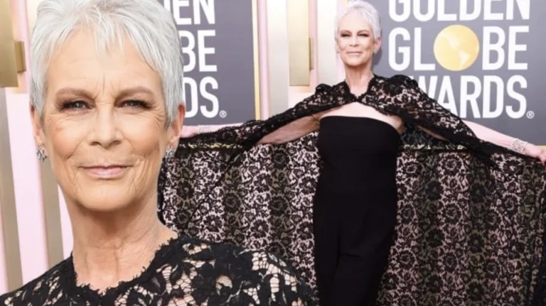 An elegant dress with a deep neckline. Jamie Lee Curtis showed off her amazing figure at 64 years old